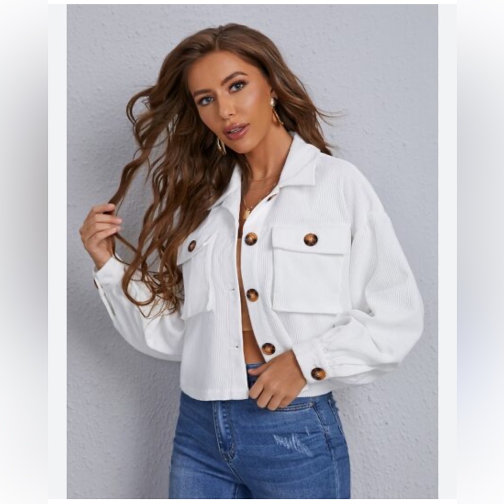 White Corduroy Cropped Jacket with Button Detail